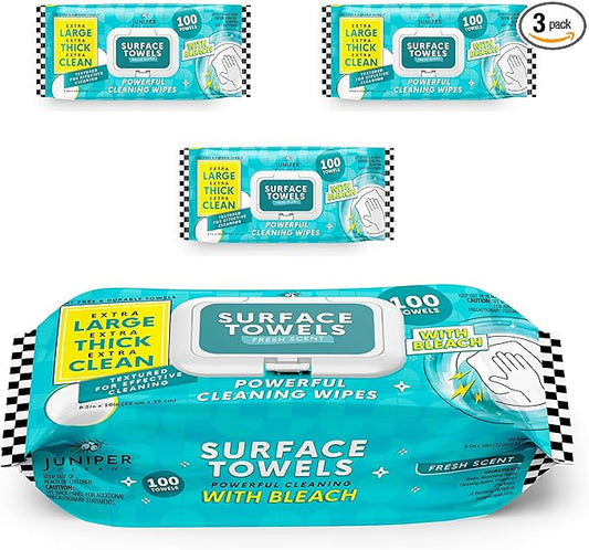 3 Packs Surface Wipes with Bleach, Thick & Large Dispose, All-Purpose Cleaner by JuniperCLEAN