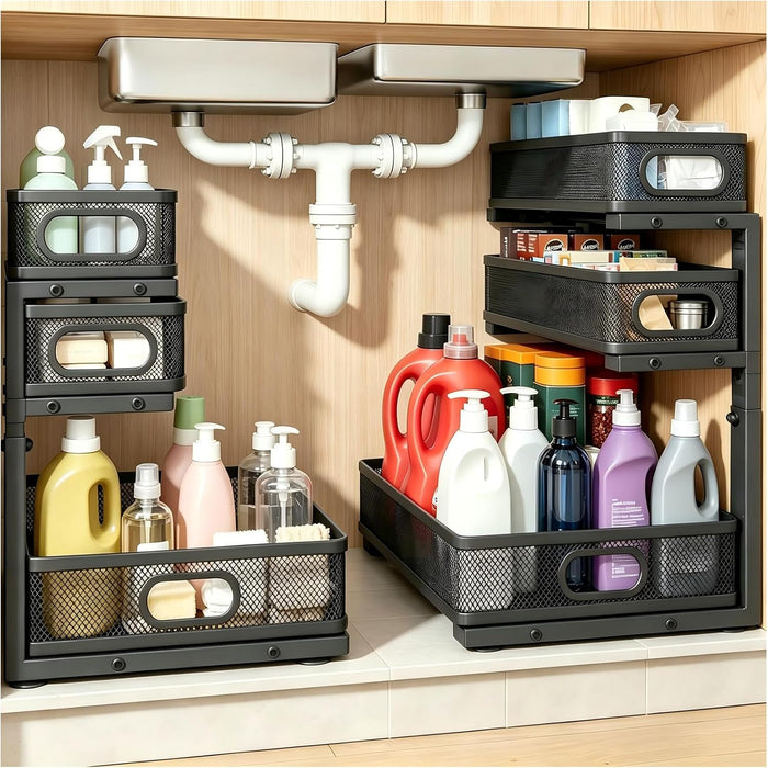 2 Pack Bathroom Under Sink Organizer, 3-Tier Pull Out Kitchen Cabinet Organizer with 5 Adjustable Heights Metal Slide Out Storage Makeup Drawer Rack for Bedroom Office Pantry Home Organization, Black