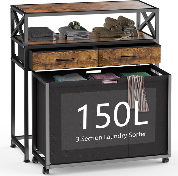 150L Laundry Sorter Hamper 3 Section with 2 Shelves & 2 Drawers
