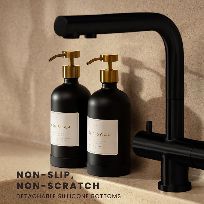 16oz Glass Soap Dispenser with Stainless Steel Pump, 21 Waterproof Labels - Image 2