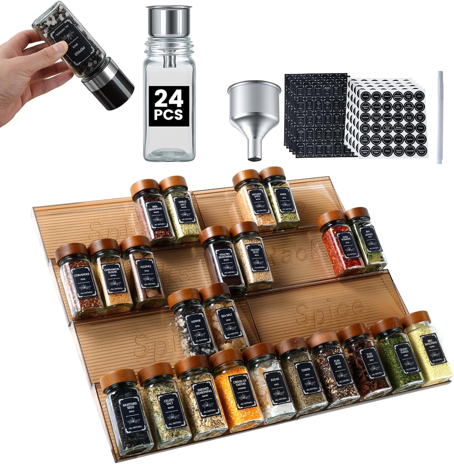 2 Pack Spice Rack with 24 Spice Jars, 4OZ Wood Lid Spice Containers with Expandable Spice Organizer Shelf, Spice Labels, Pepper Grinder Lids, Chalk Marker & Funnel Set for Drawer Kitchen Countertop