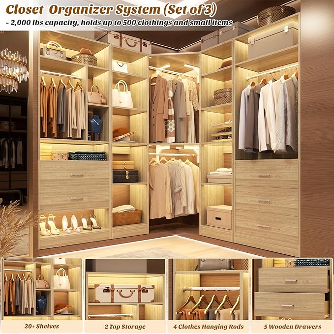 Corner Closet System with 5 Drawers, Closet Organizer System with 15+Shelvess & - Image 4
