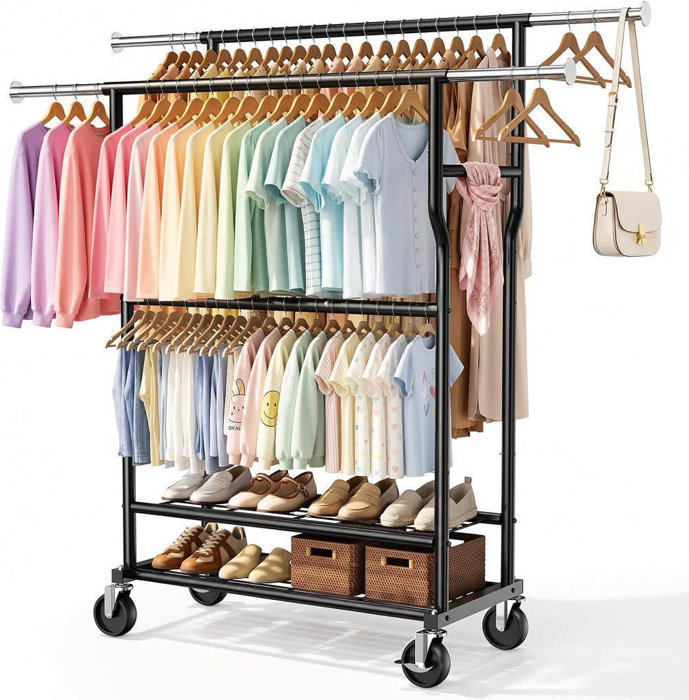 Heavy Duty Clothes Rack Load 960LBS, Adjustable Three Rods Rolling Garment Ra...