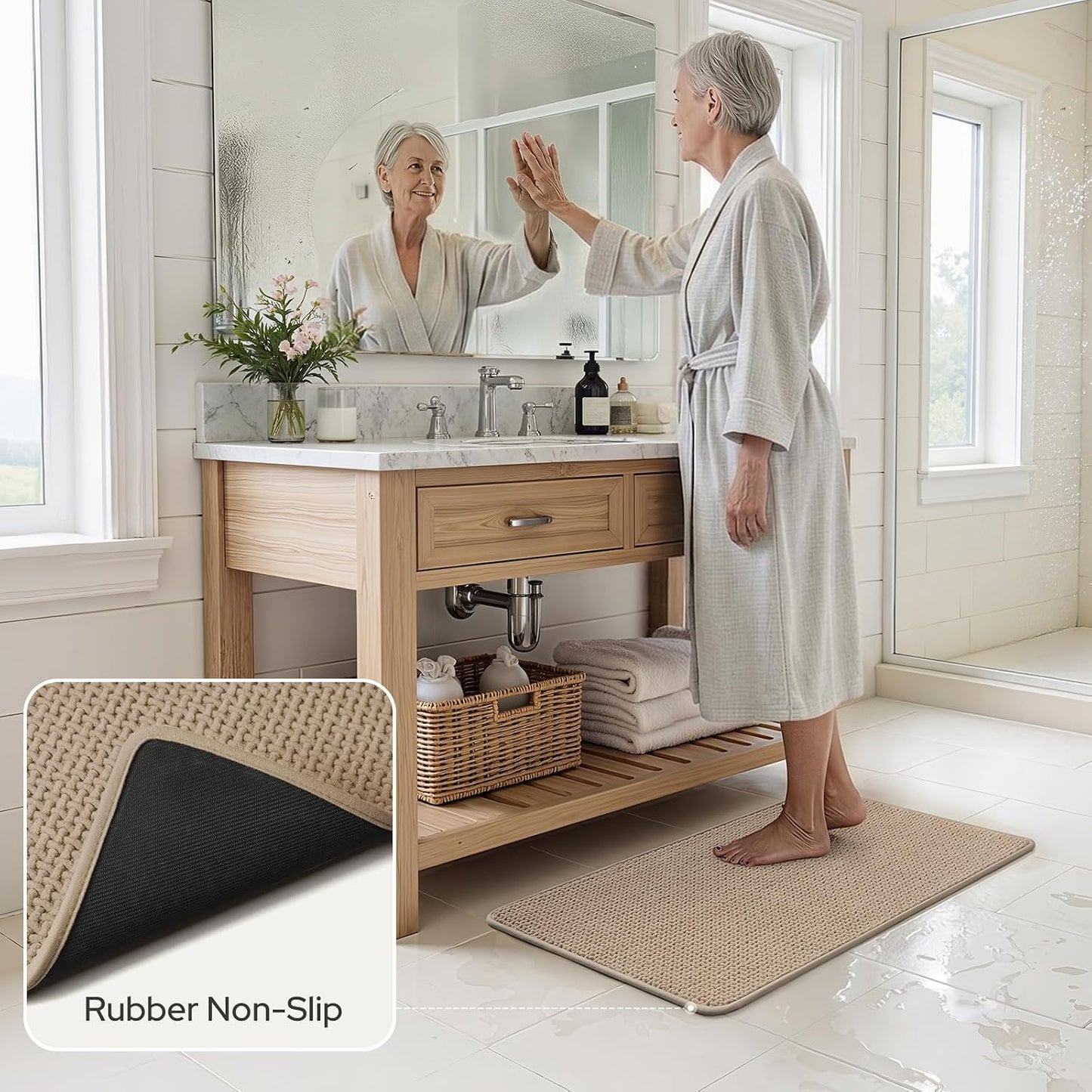 HOMEIDEAS Bathroom Rugs Set 2 Piece, Ultra Thin Non-Slip Bath Mats Rubber Backed, Chenille Absorbent Quick Dry Mats for Shower & Vanity, Low Profile Fits Under Door (Beige, 32"x20"+24"x17")