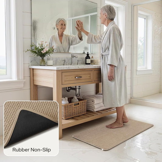 HOMEIDEAS Bathroom Rugs Set 2 Piece, Ultra Thin Non-Slip Bath Mats Rubber Backed, Chenille Absorbent Quick Dry Mats for Shower & Vanity, Low Profile Fits Under Door (Beige, 32"x20"+24"x17")