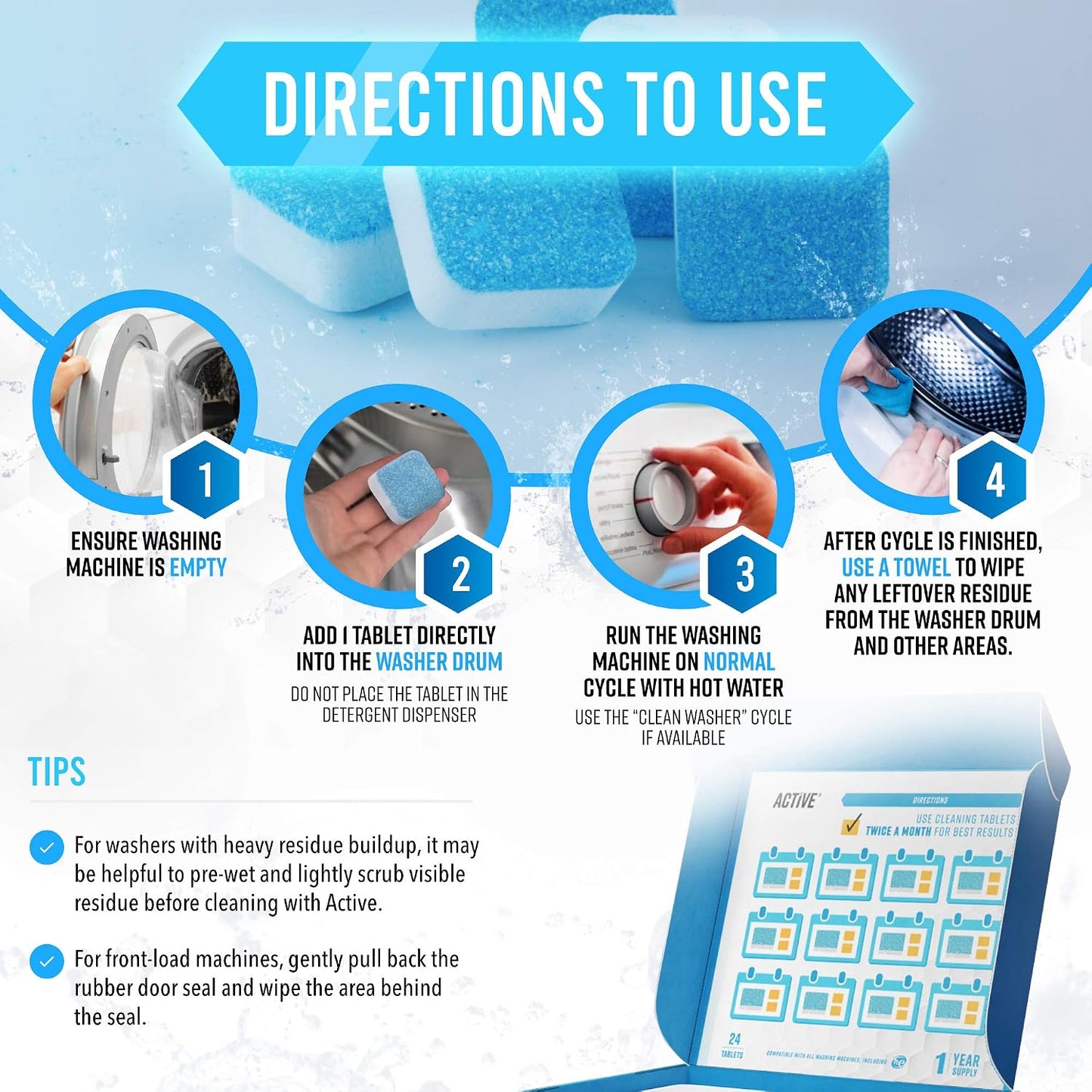 ACTIVE Washing Machine And Dishwasher Cleaning Tablets Bundle - Includes 12 Month Supply Dishwasher Cleaner Deodorizer & Washing Machine Descaler Deep Cleaning Tablets - 48 Tablet Combo