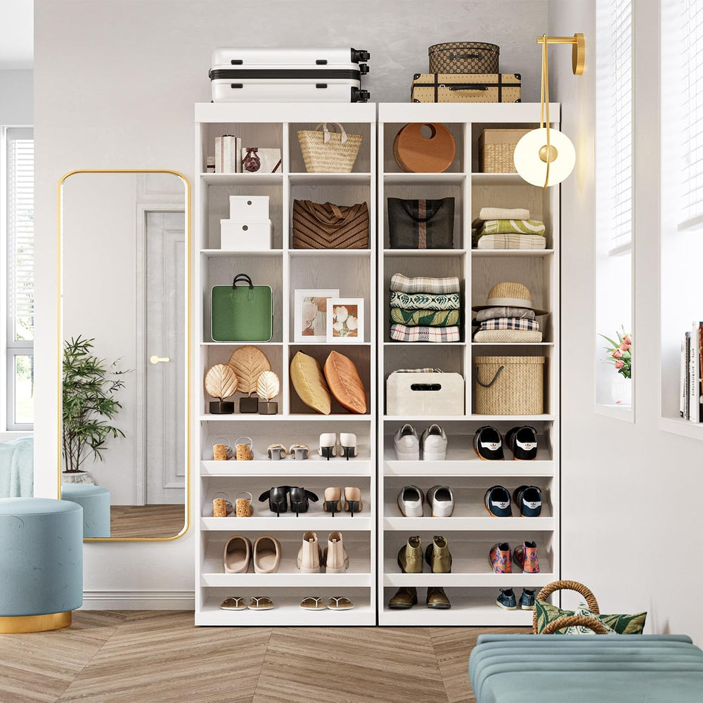 IRONCK Tall Shoe Storage Cabinet with Adjustable Shelves and Cubbies, White