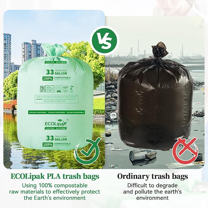 ECOLipak 33 Gallon Compostable Trash Garbage Bags, US BPI ASTM D6400 and OK - Image 4