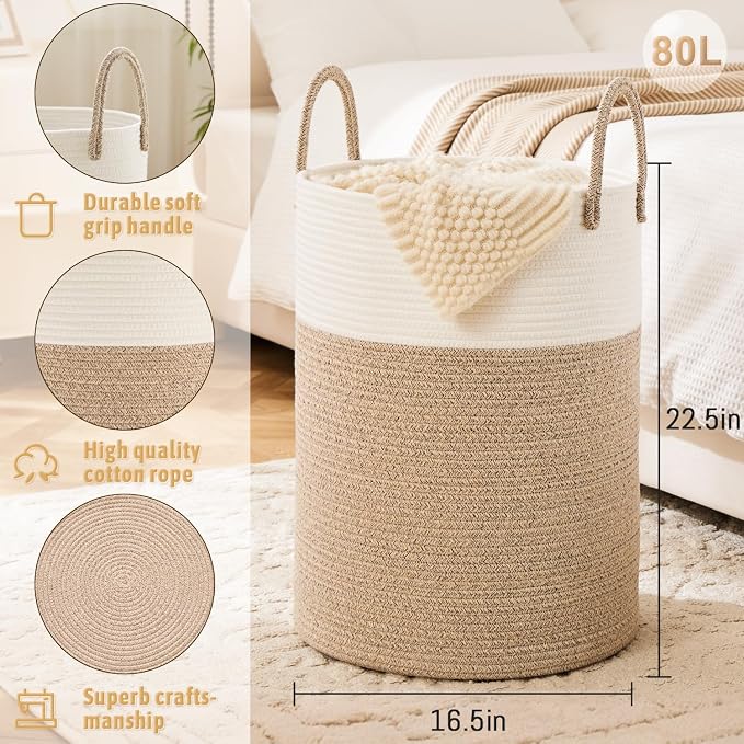 Laundry Basket, Woven Cotton Rope Laundry Hamper, 80L - Image 6
