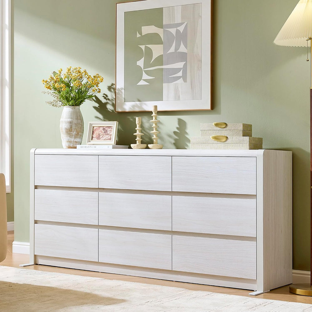 63” Wide Large Dresser with 9 Drawers, White Dresser for Bedroom, Mid Century...