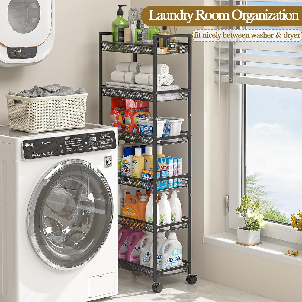 6 Tier Slim Rolling Storage Cart, Narrow Mobile Shelving Unit Organizer Utili...