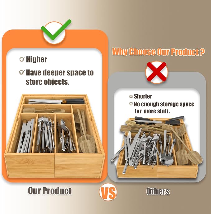 BAMEOS 3.9inch Tall Bamboo Drawer Organizer, Expandable Utensil Holder - Image 2