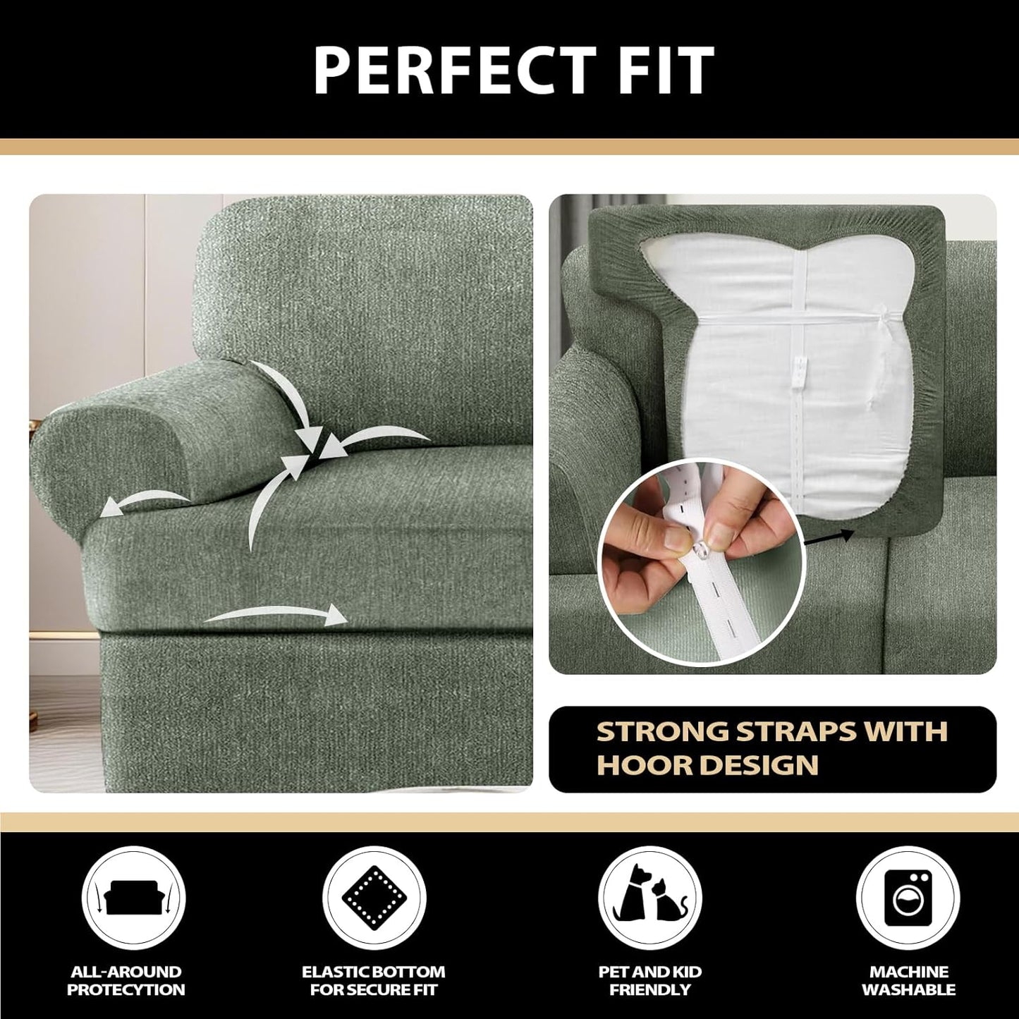 Sofa Cover 2 Pieces T Cushion Chair Covers with Arms Super Stretch Chair Slipcover for Living Room,Slip Cover Anti Slip Armchair Furniture Protector Pet Universal(Green, 1 Cushion)