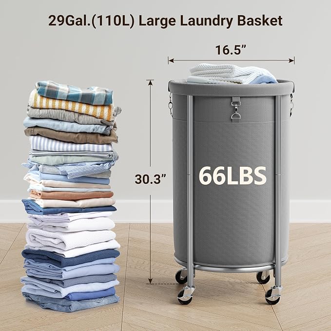 ELYKEN Laundry Hamper with Wheels, 110L Rolling Laundry Basket, Round Laundry - Image 3