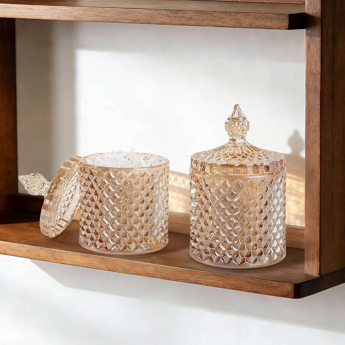 2 Pack Qtip Holder Apothecary Jars with Lid, Thick Glass, Amber | Bathroom Canisters Storage Organizer for Cotton Swabs, Balls, Pads, Floss Picks, Candy, Jewelry, Bathroom Decor