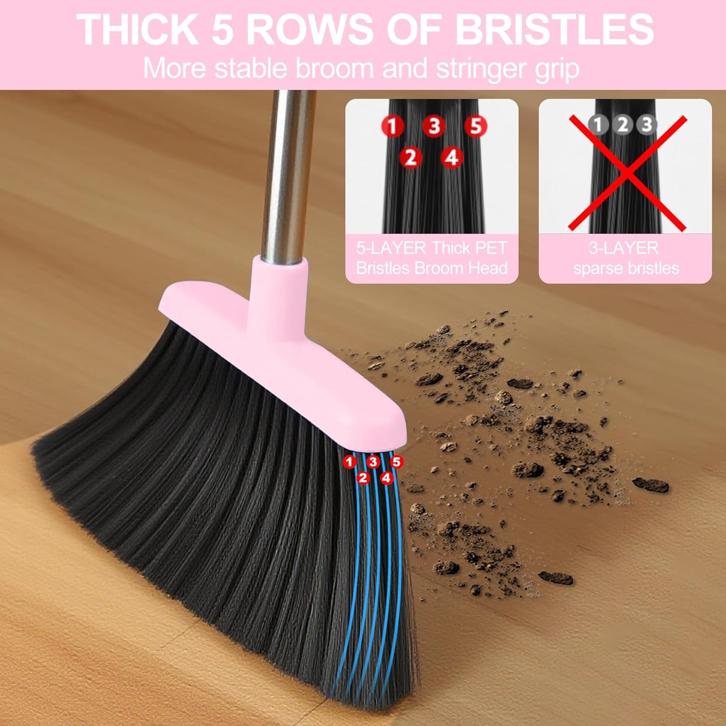 Pink Broom and Dustpan Set for Home, 52-in Long Handle Broom with Dustpan Combo with Dustpan Teeth Easy to Scrape Off Pet Hair, Indoor&Outdoor Sweeping（Pink）