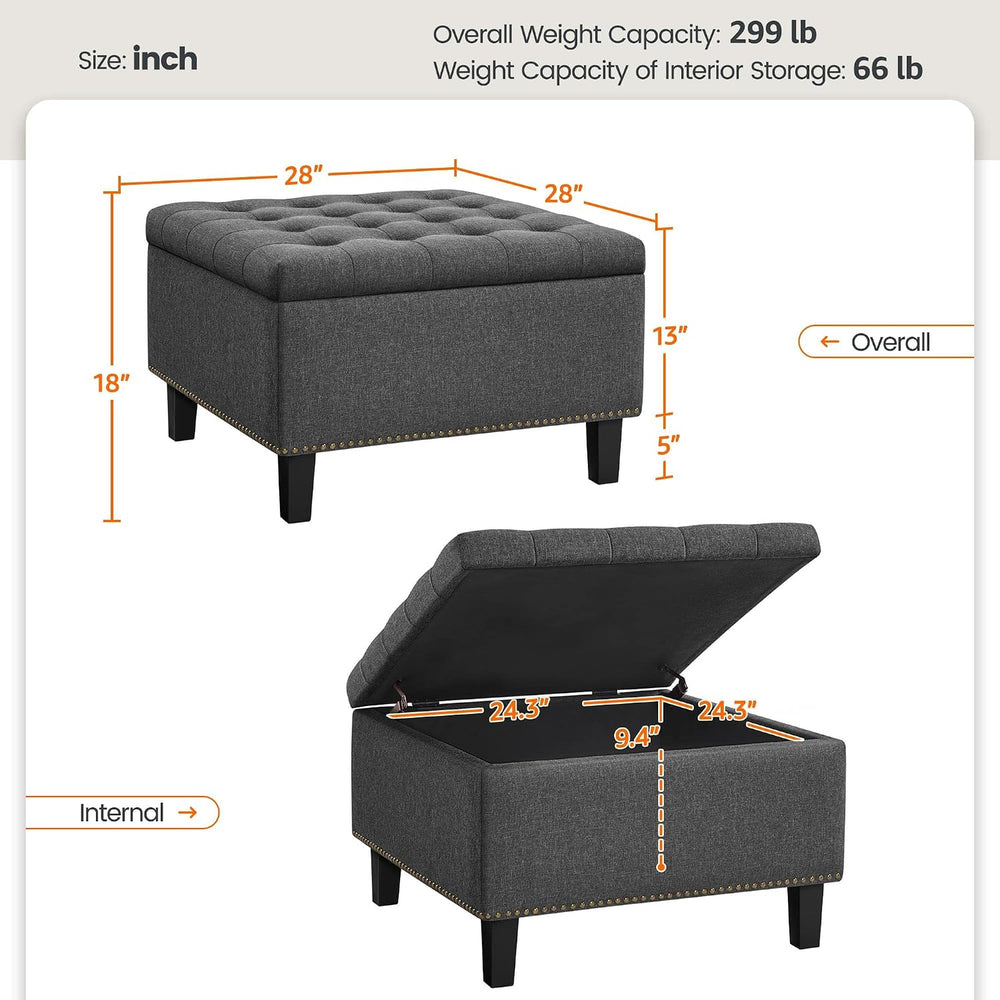 Yaheetech 28in Square Storage Ottoman Coffee Table with Nailhead, Dark Gray