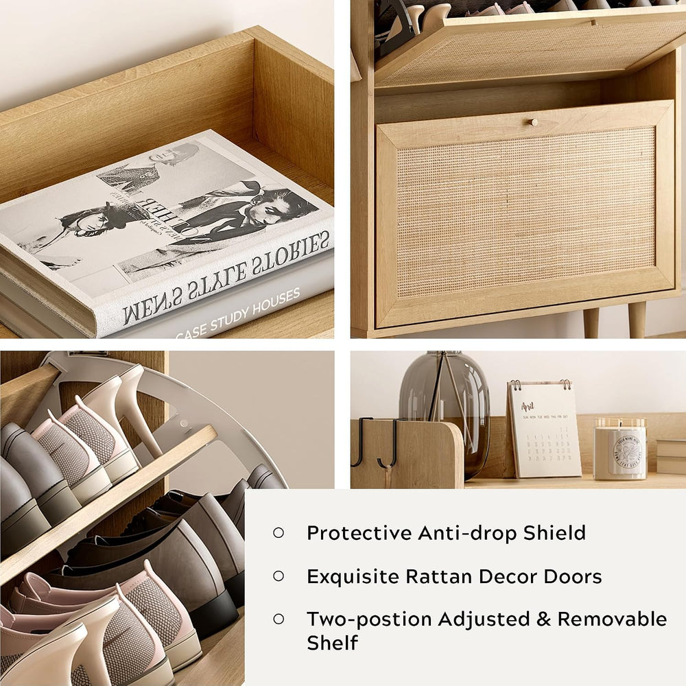 Rattan Shoe Storage Cabinet with 2 Flip Drawers, Farmhouse Freestanding Organ...