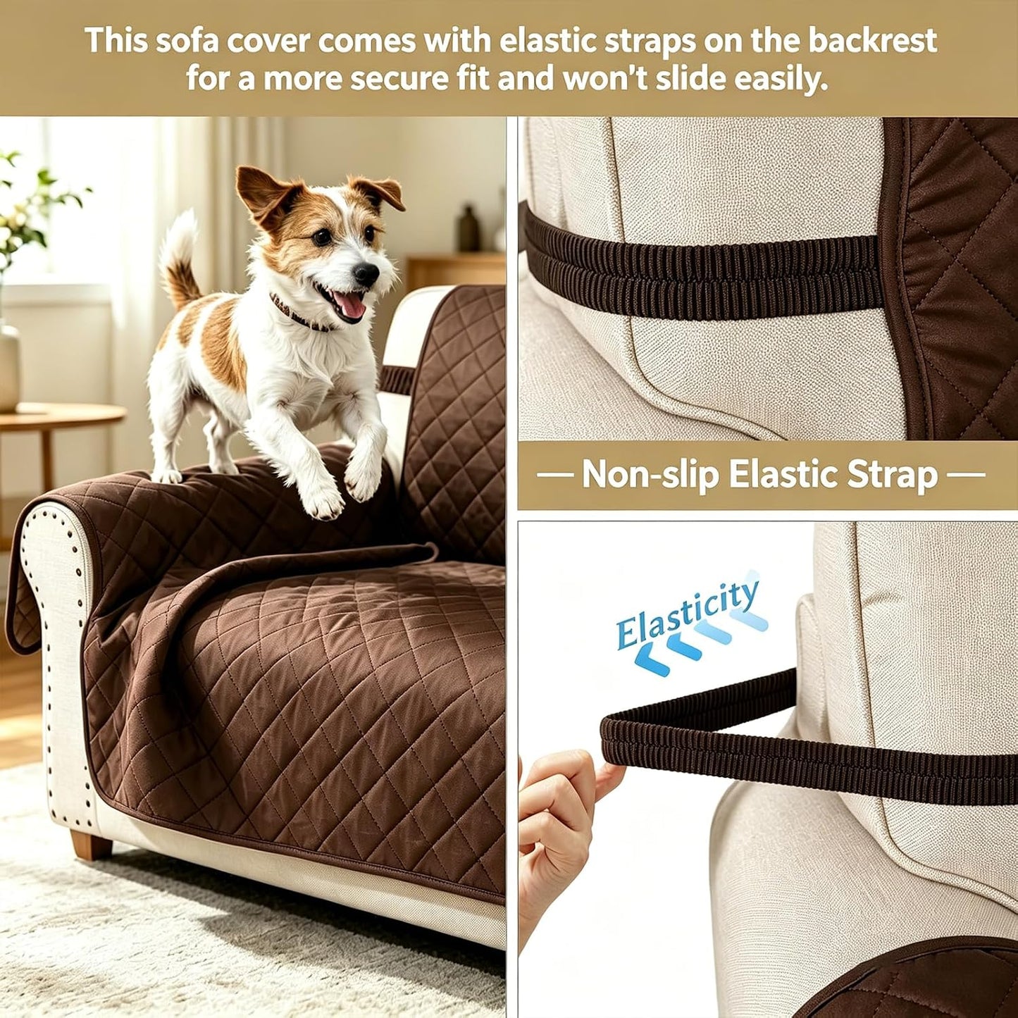 Reversible Couch Cover for 3 Cushion Couch Sofa Cover Washable for Pet Friendly with Elastic Straps Water Repellent(Sofa, Chocolate/Beige)
