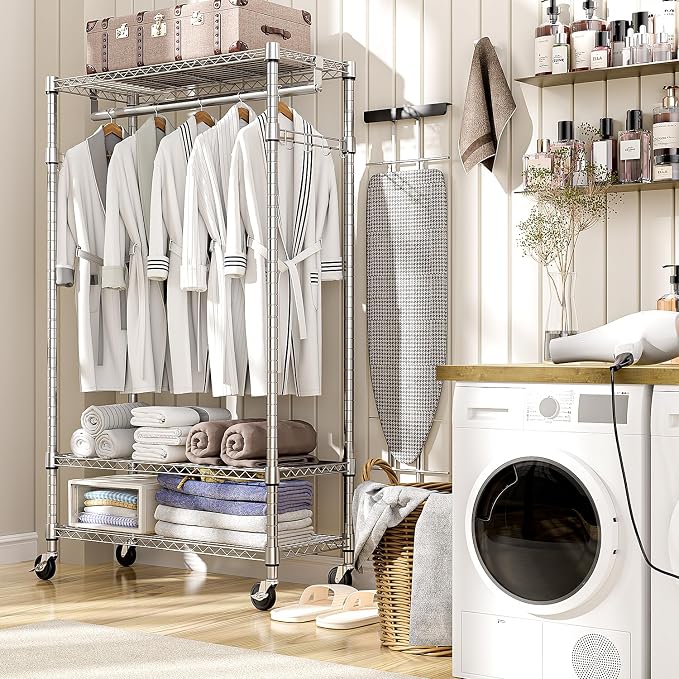 Heavy Duty Rolling Garment Rack 3 Tiers Adjustable Wire Shelving Clothes Rack - Image 5