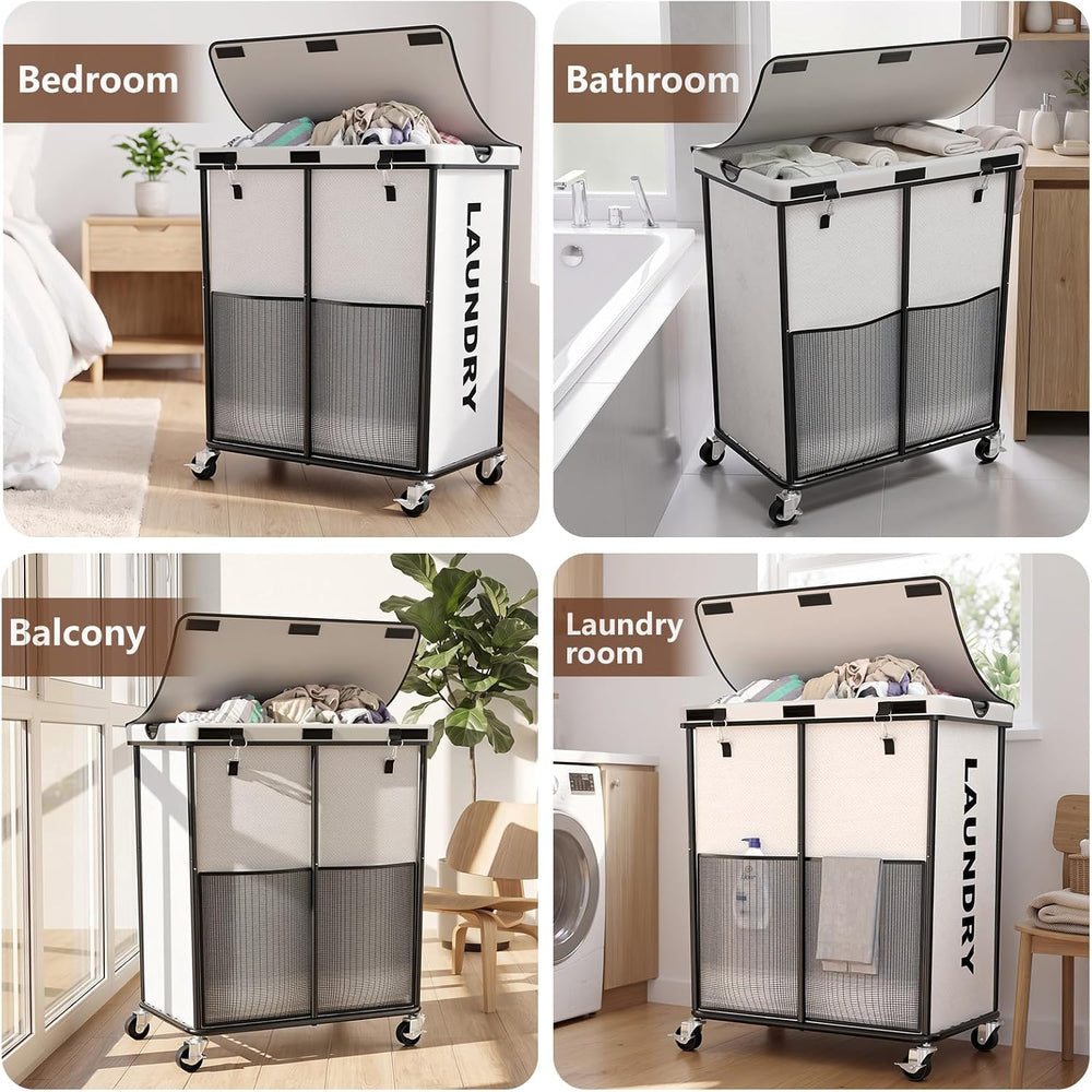 Laundry Hamper with Wheels and Lid, 225L Large Rolling Laundry Basket White