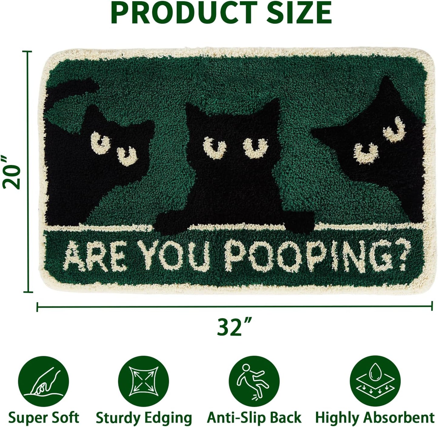 Cute Cat Bath Mat, Non Slip Funny Rug, Soft Absorbent Kitchen Carpet Machine Washable, Animal Patterns Green Rug for Shower Sink Bathtub Room Decor, 32 x 20 Inch