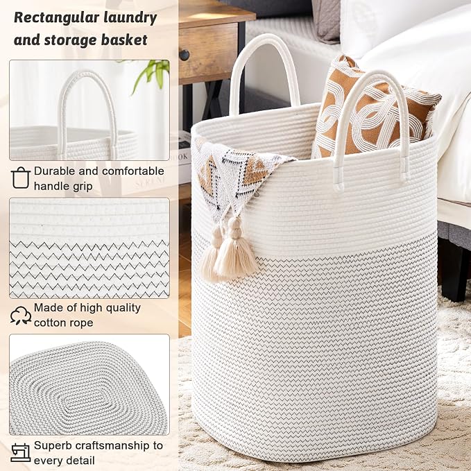 Laundry Basket, Woven Cotton Rope Laundry Hamper, Versatile Storage - Image 2