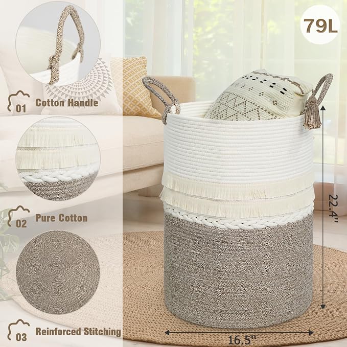 danpinera 79 L Large Laundry Basket, Tall Woven Cotton Storage Hamper - Image 2