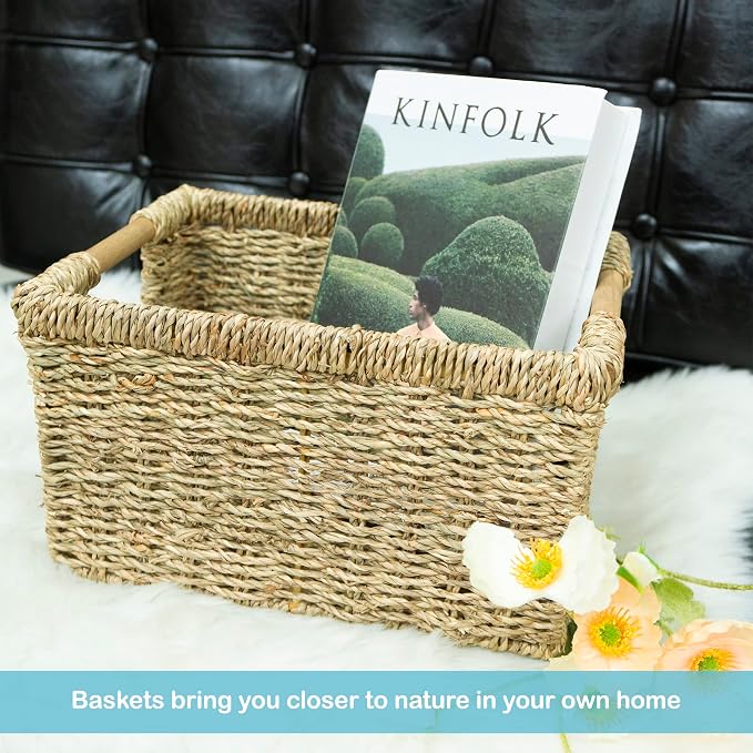 Natural Seagrass Basket with Wooden Handle, Medium Rectuangular Wicker Basket - Image 7