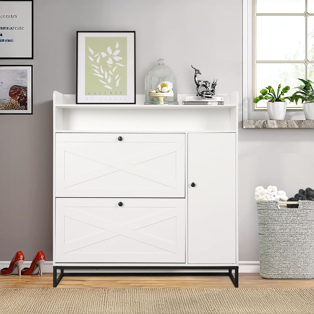 SunSettler White Shoe Storage Cabinet with 2 Flip Drawers