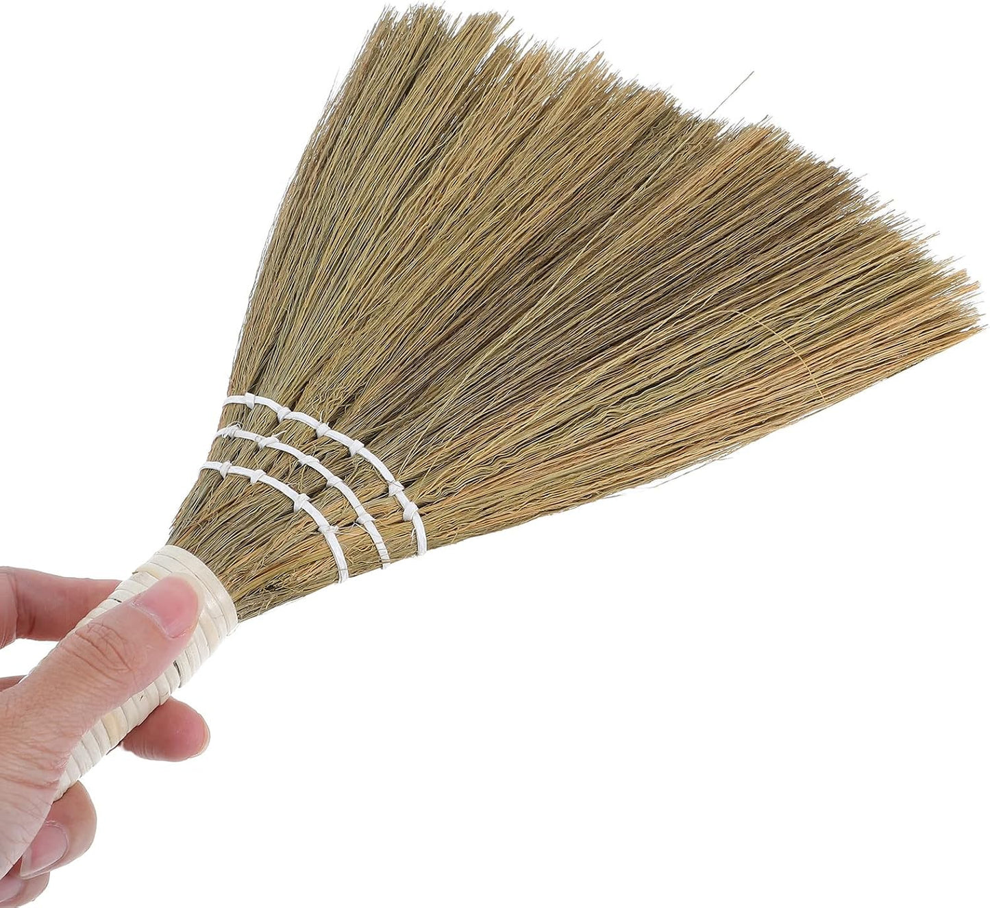 STOBAZA Handheld Small Soft Straw Broom 20x28cm with White Handle, Handmade Asian Straw Whisk Broom for Indoor Dust Removal and Pet Hair Cleaning