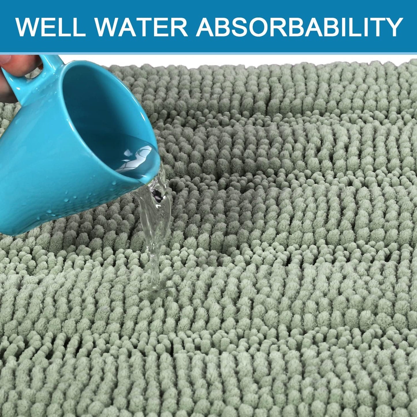 H.VERSAILTEX Sage Bathroom Rugs, Bath Mat Set of 2 Extra Thick Chenille Striped Pattern Shaggy Bath Rugs for Bath Room, Non Skid Bath Mats for Bathroom Floor (32 x 20 Plus 24 x 17 - Inches)