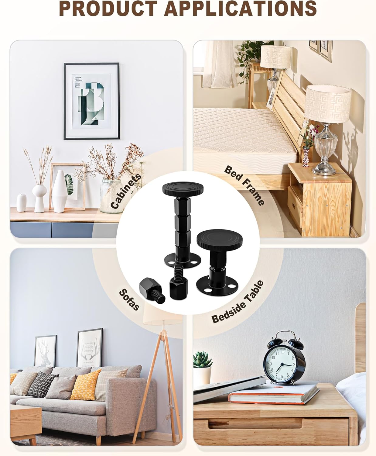 4PCS Adjustable Threaded Bed Frame Anti-Shake Tool, Upgraded Headboard stoppers with Free Furniture Pads, Easy Installation Bedside Anti-Shake Tool for Headboards, Cabinets and Sofas, 1.18-4.13in