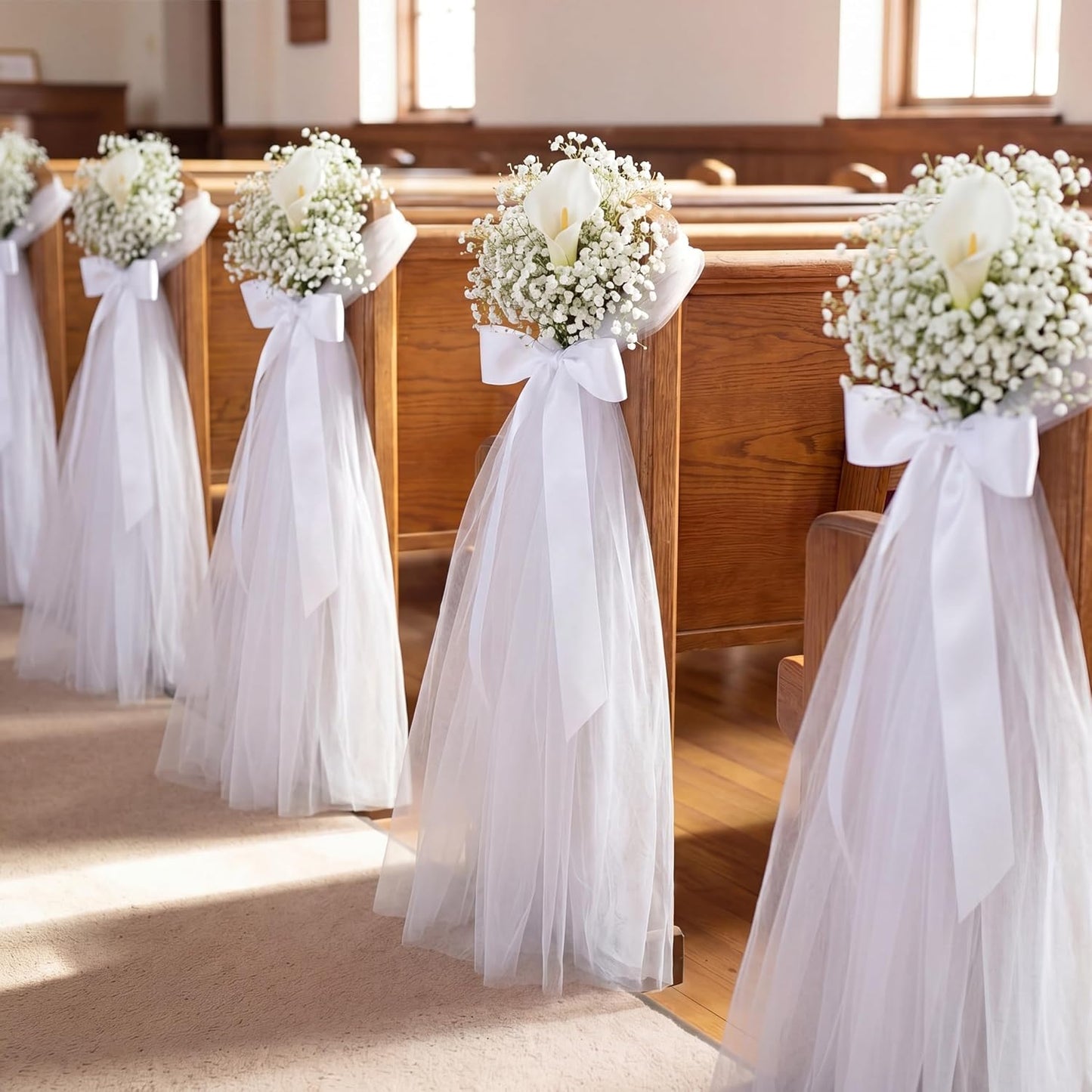 24 Set Wedding Aisle Chair Decorations Pew Flowers White Tulle Tails Chair Sashes with Ribbons and Artificial Baby's Breath for Wedding Church Ceremony Chairs Banquet Bulk (White Calla Lily)