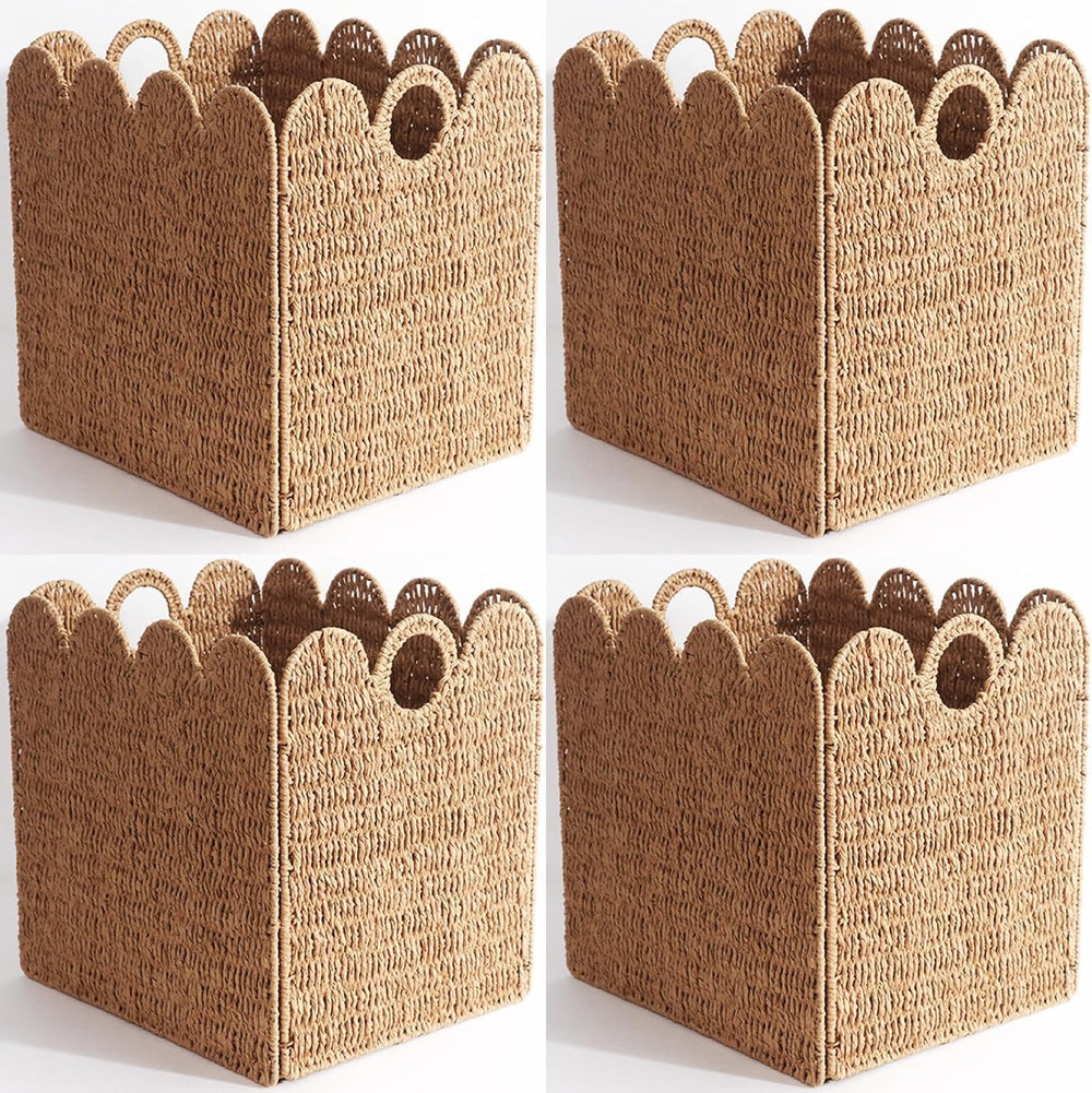 Scalloped Wicker Storage Cubes Basket, 12”x12“ Heavy Duty Paper rope/Hyacinth...