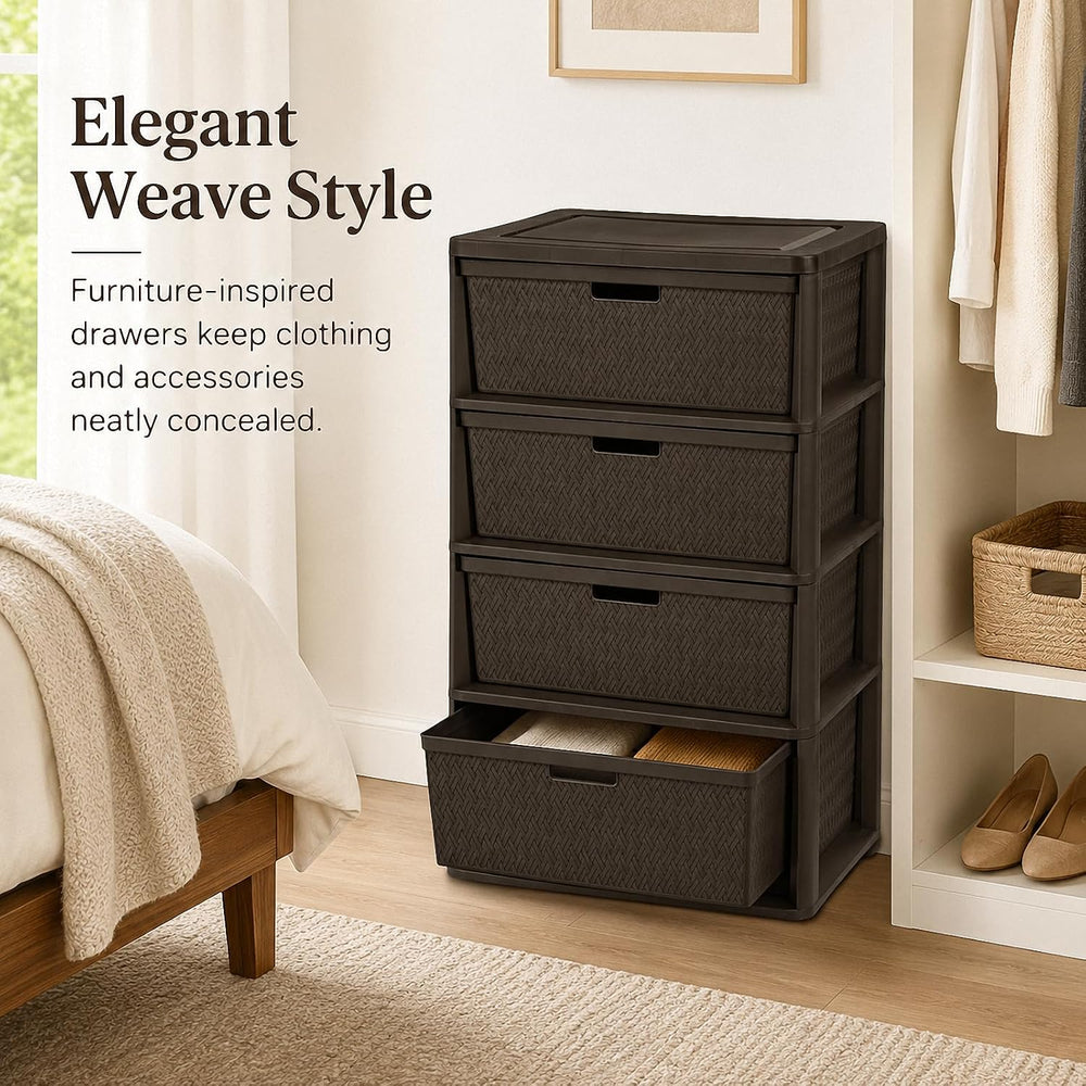4-Drawer Plastic Storage Tower, Wide Bedroom Closet Storage Chest, Brown