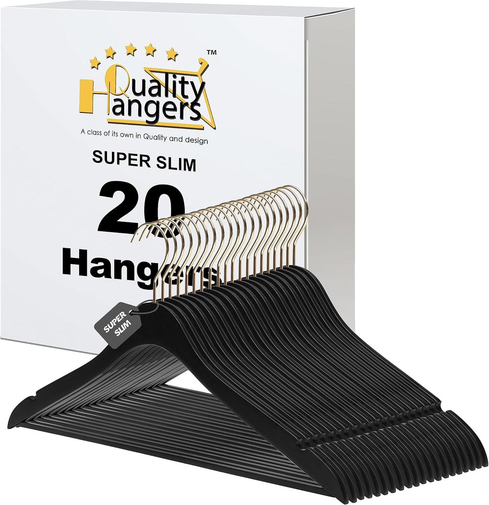 20 Luxury 16.5" Ultra Thin Space Saving Black Wooden Hangers, 360 Degree...