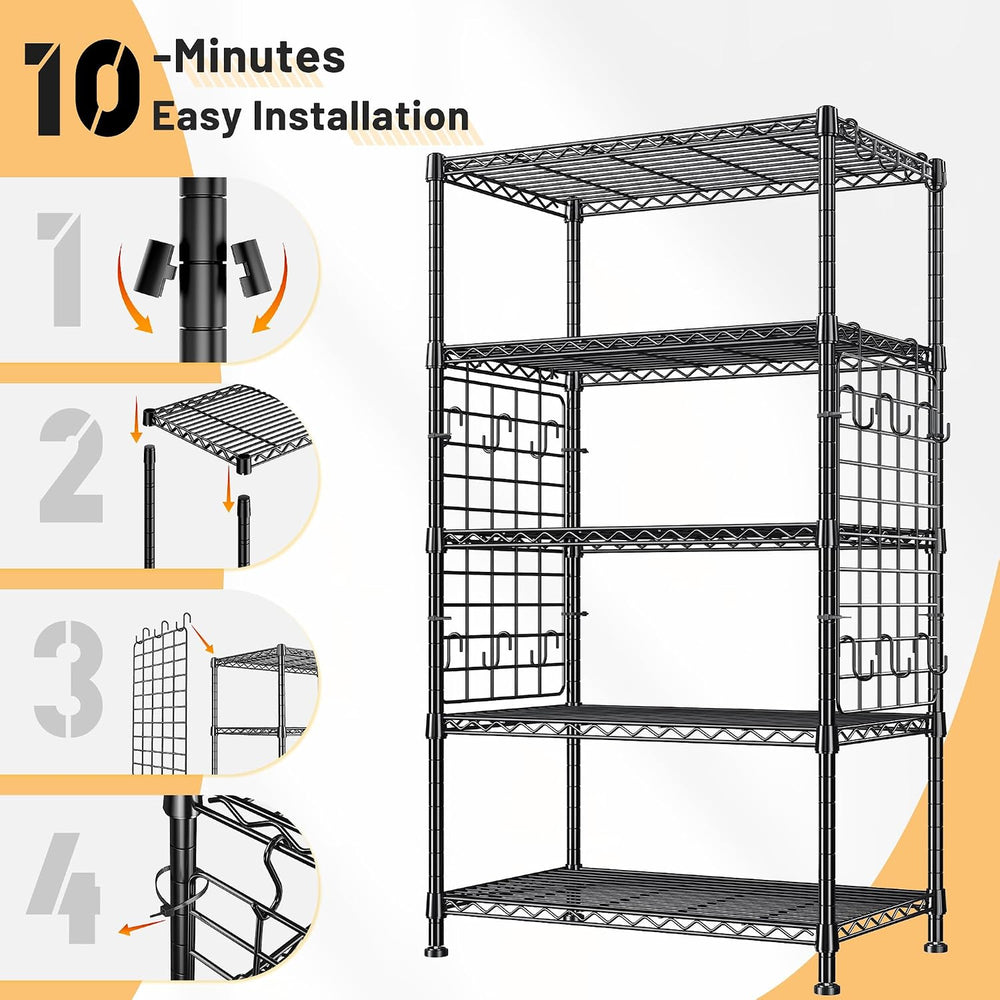DurayLoly 5 Tier Storage Shelves, 2 Side Panels & 13 Hooks, for Kitchen