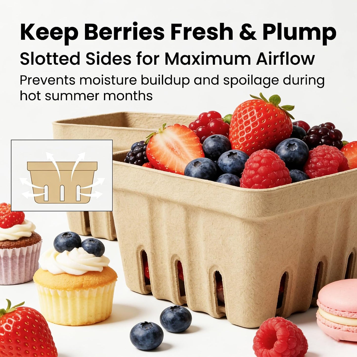 30 Pack Natural Pulp Fiber Berry Basket,Small Molded Produce Vented Basket | Kitchen Supplies for Strawberry Blueberry Raspberry, Fruit Tray for Fruit Vegetable Farmer Market Grocery