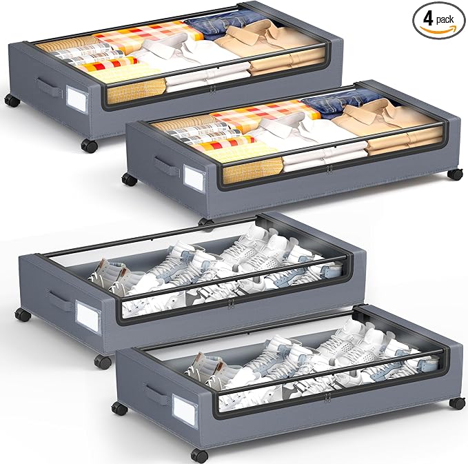 Under Bed Storage with Wheels, Square Under Bed Storage Containers, 4 Pack by YEEBONIX-UnderBedStorage