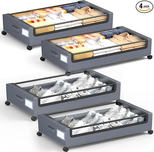 Under Bed Storage with Wheels, Square Under Bed Storage Containers, 4 Pack by YEEBONIX-UnderBedStorage