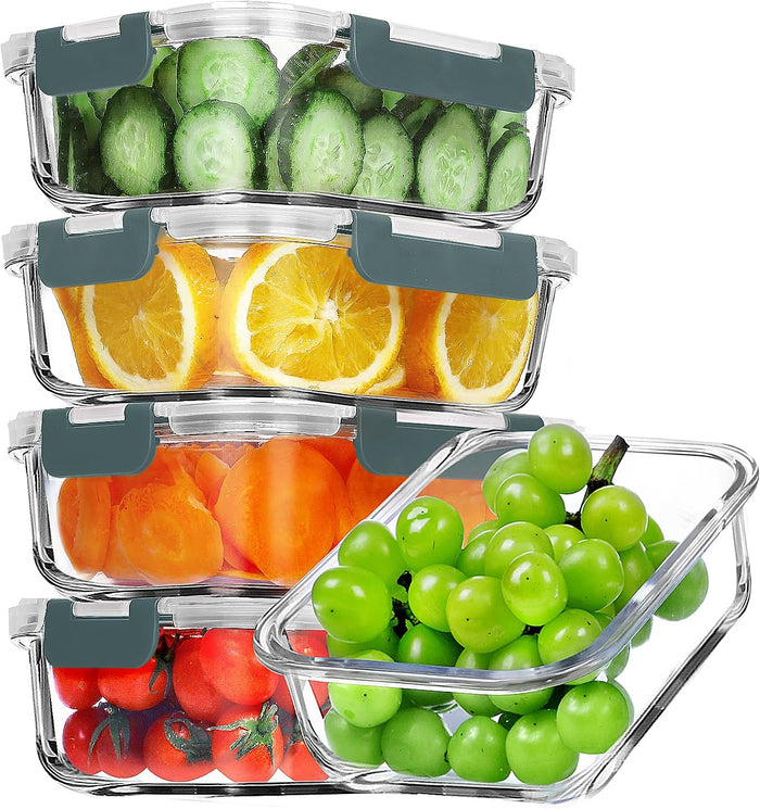 VERONES 5 PACK 36 OZ Glass Meal Prep Containers Set with Lids, Grey