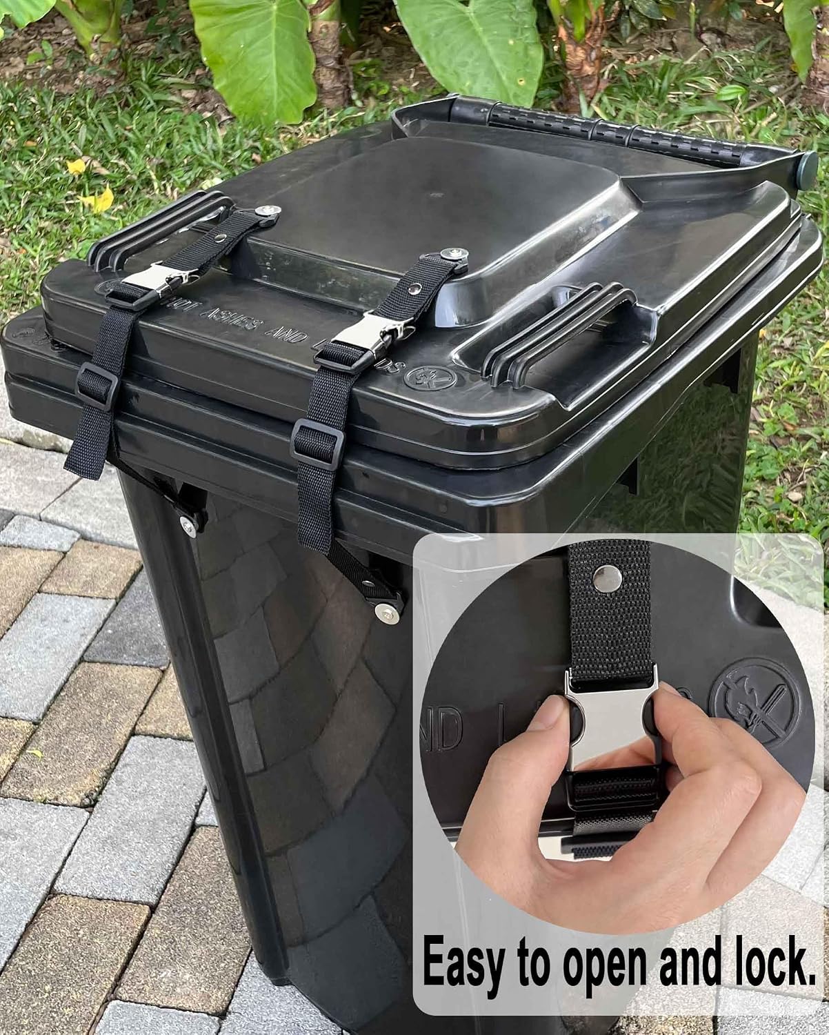 Metal Buckle Trash Can Lid Lock, Adjustable Strap Use for Locking Outdoor Waste Bin, Animals Proof Straps for Securing Garbage Can, 2 Pack