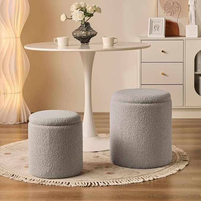Round Ottoman with Storage Set of 2-Upholstered Sherpa Vanity Stool - Image 7