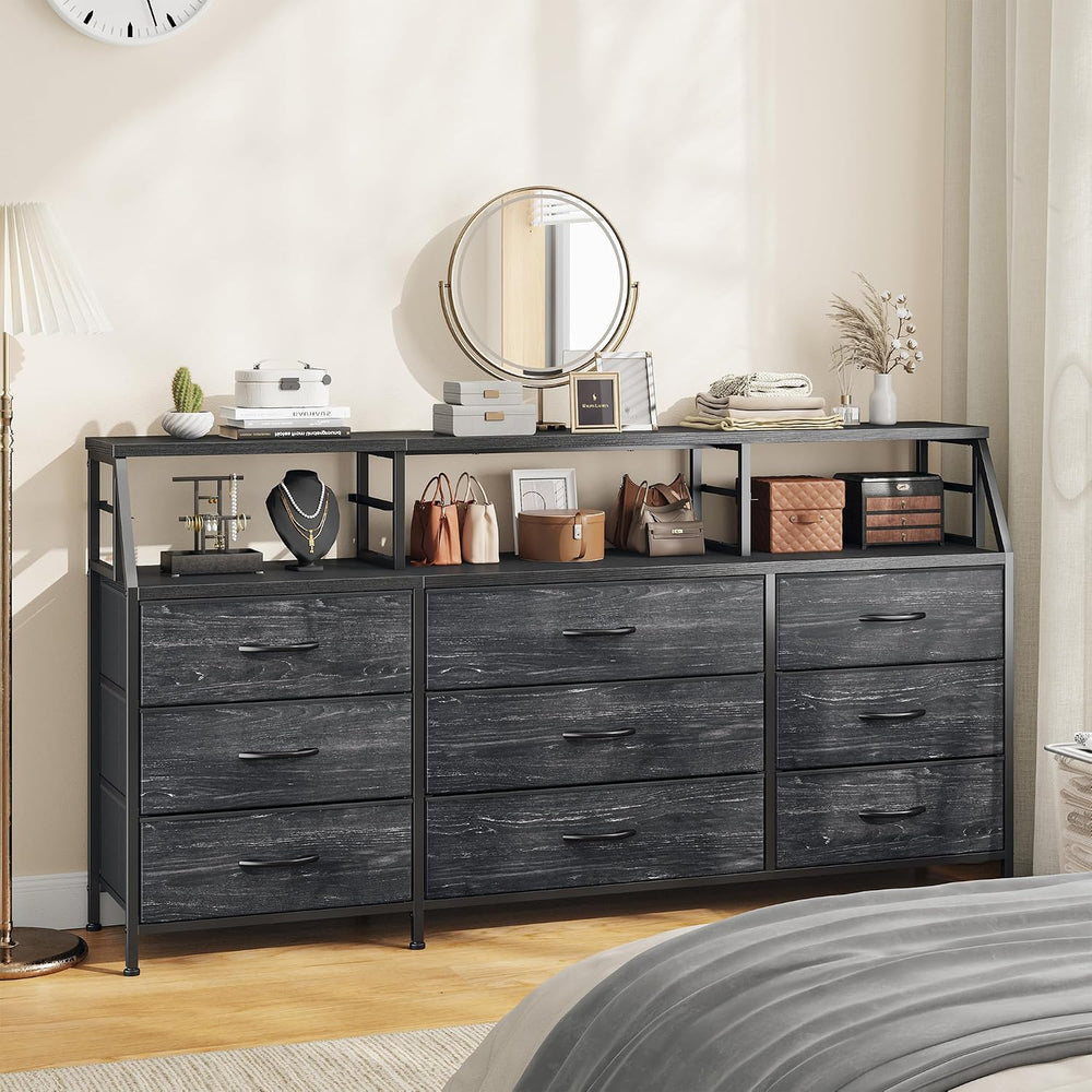 Homkdom Black Dresser for Bedroom with 9 Fabric Drawers & Display Top Shelf