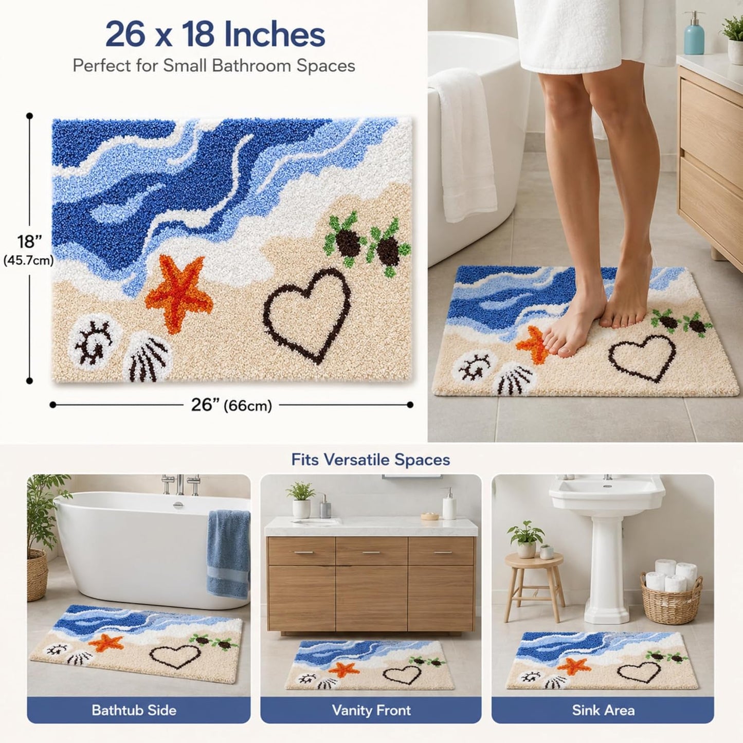 Coastal Bathroom Rug Beach Wave Bath Mat Nautical Cute Sea Turtle Starfish Shell Bathmat Summer Non Slip Washable Microfiber Shower Carpet for Bathroom, Kitchen and Entryway Decor, 18"x26"