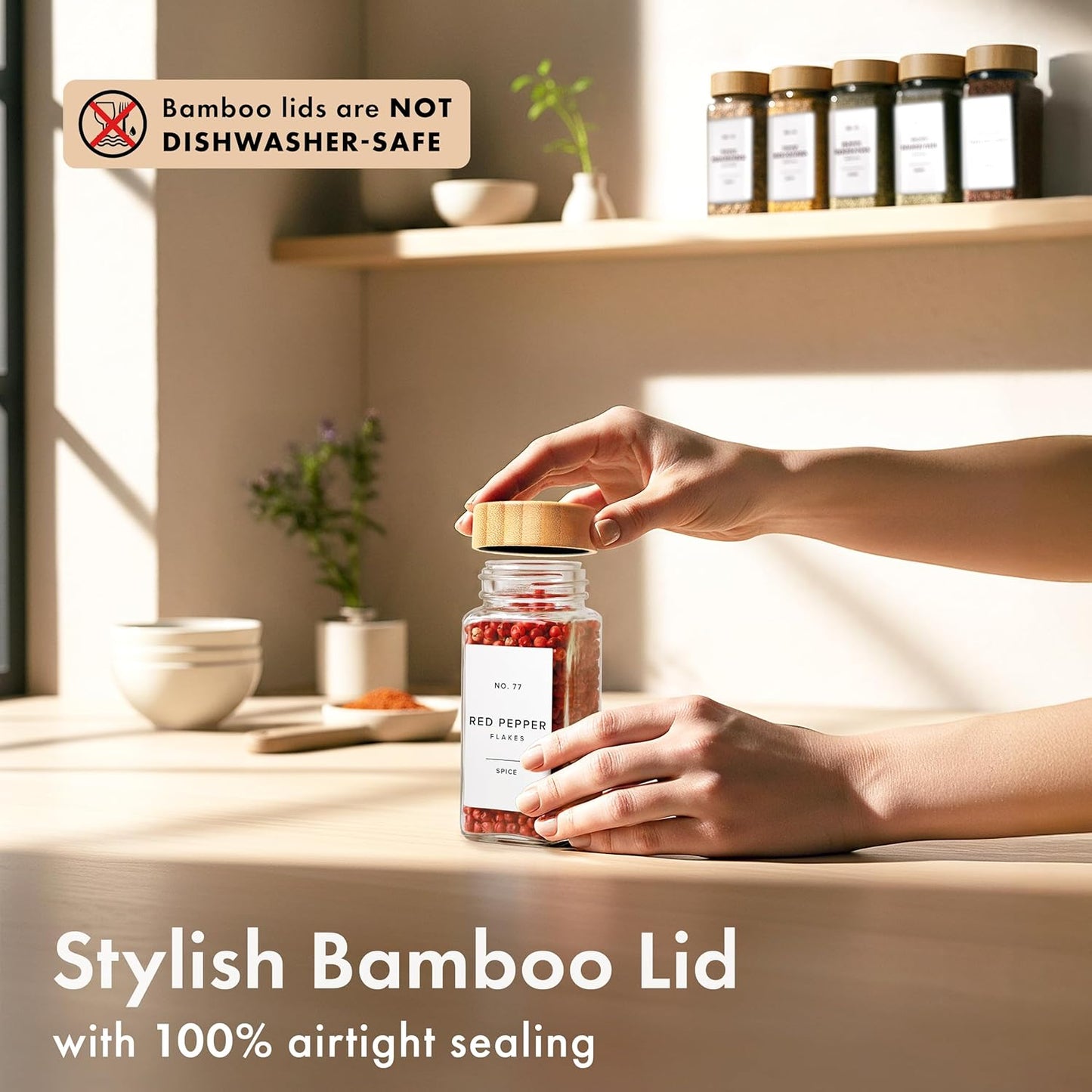 Glass Spice Jars with Label, 36x Bamboo Wooden Lids - White Labels | Airtight Lids keep spices fresh, Kitchen Spice Drawer Organizer, 4oz Seasoning Containers incl. Funnel, Brush & 240 Labels
