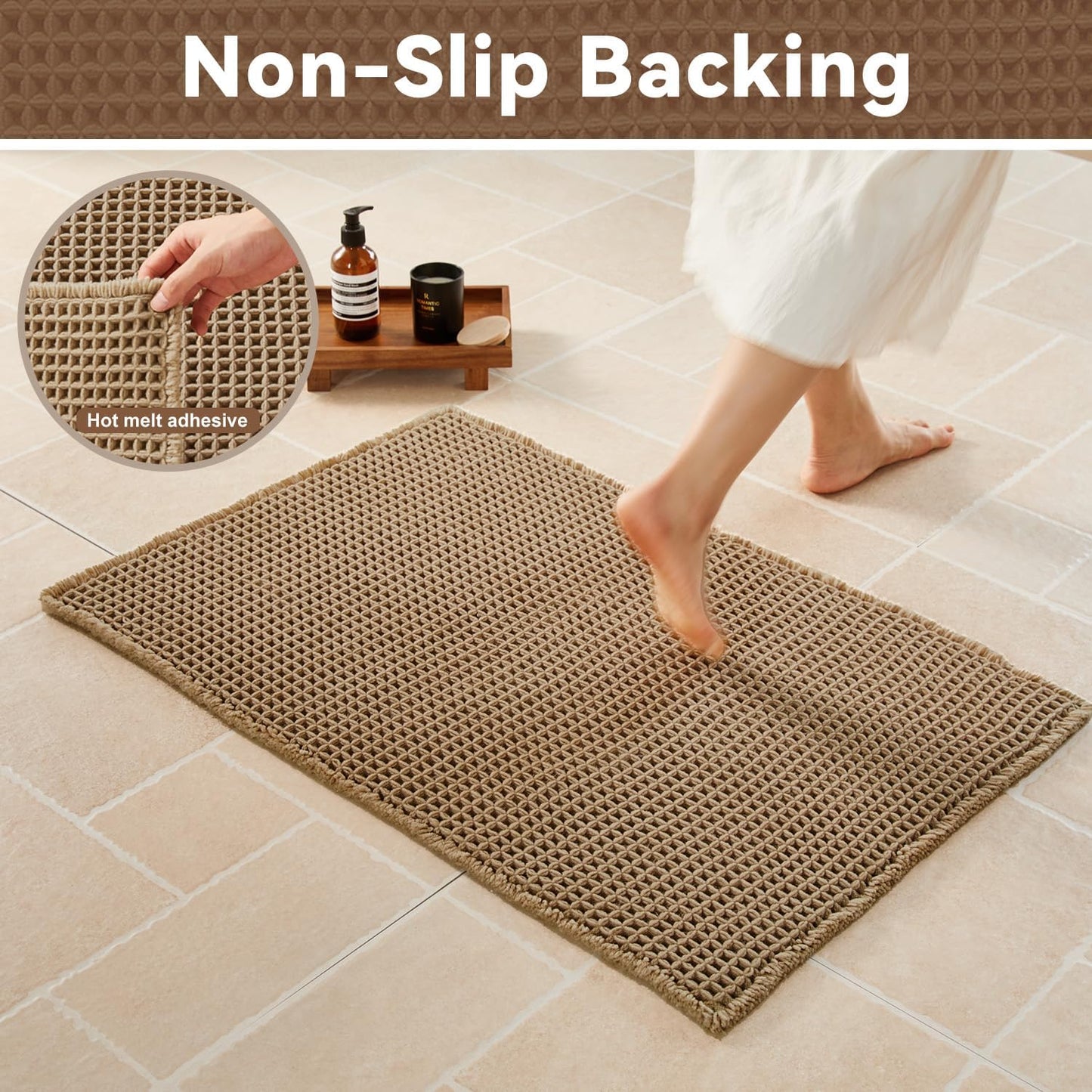 Triohero Waffle Bath Mat, Small Boho Bathroom Rugs Non Slip Washable, Ultra Soft Super Absorbent Quick Dry Farmhouse Bathroom Decor, 16" x 24", Khaki