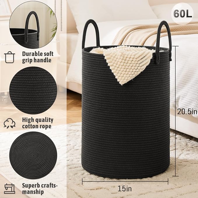 Laundry Basket, Woven Cotton Rope Laundry Hamper, 60L - Image 6