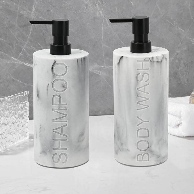 Marble Resin 2 Piece Shampoo and Body Wash Dispenser Set, Luxurious Refillable - Image 5